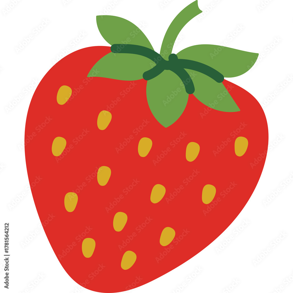 Fototapeta premium Stylized Red Strawberry with Green Leaves and Yellow Seeds Isolated on a Transparent Background Vibrant Fruit Illustration for Design and Decoration