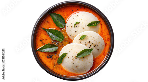 A plate of idli with a small bowl of red sauce and basil garnishings