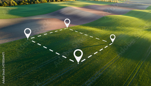 Aerial view of green farmland with GPS location pins marking a plot of land.
