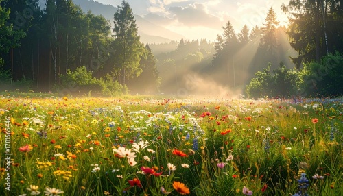 Fototapeta Naklejka Na Ścianę i Meble -  Vibrant Wildflower Meadow Bathed In Golden Morning Sunlight With Distant Forest And Sunbeams