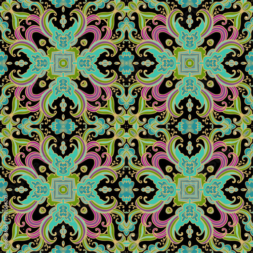 Azulejo style ornamental seamless vector pattern on dark background