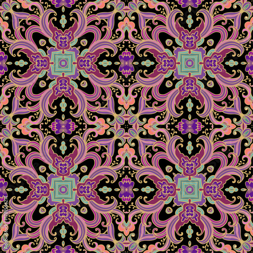 Azulejo style ornamental seamless vector pattern on dark background