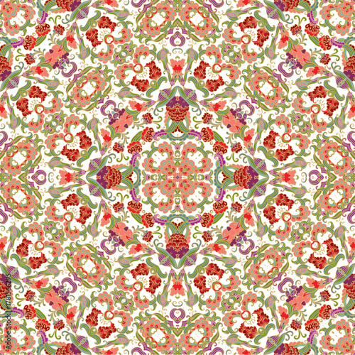 Colorful laced floral  ornamental seamless vector pattern on white background