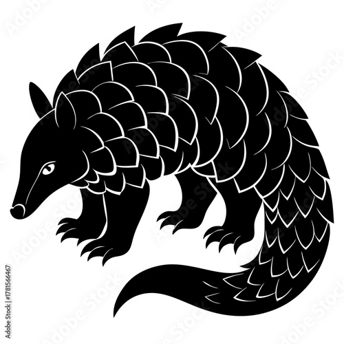 Stylized black silhouette of a pangolin with detailed scales, isolated on a, representing a unique and endangered mammal