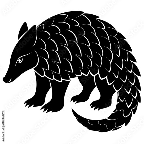 Stylized black silhouette of a pangolin with detailed scales, isolated on a, representing a unique and endangered mammal