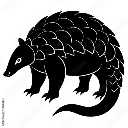 Stylized black silhouette of a pangolin with detailed scales, isolated on a, representing a unique and endangered mammal