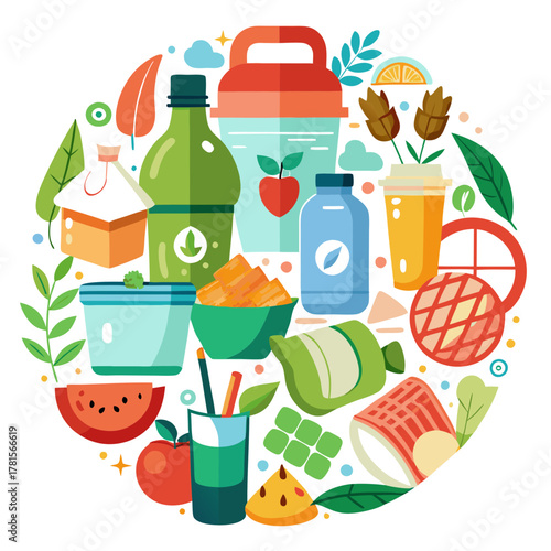 Healthy food and drink items arranged in a circle, including fruits, vegetables, smoothies, and snacks, representing a balanced diet and healthy lifestyle