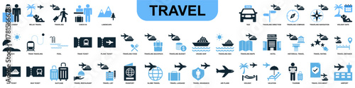 Set travel icon vector. Ideal for tourism, trip planning, and vacation themes. This graphic set is perfect for representing various travel elements for apps, websites, or brochures.