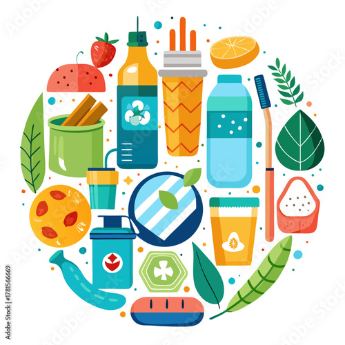 A vibrant composition of sustainable and natural products, including food, beverages, and personal care items, promoting an environmentally friendly and healthy lifestyle