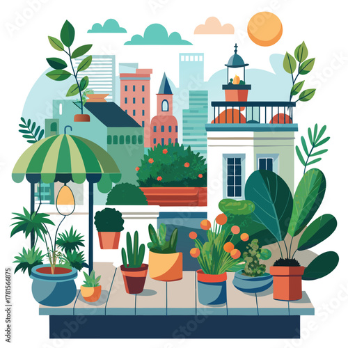 A colorful rooftop garden scene with various potted plants, flowers, an umbrella, and city buildings, creating a cheerful urban oasis