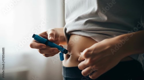 Woman injecting insulin into her abdomen for diabetes management, close-up shot of medical procedure.