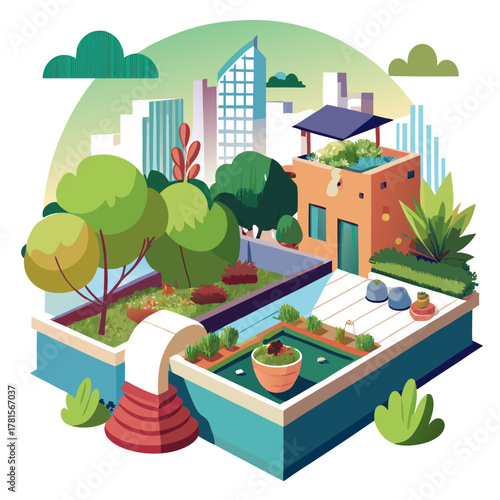 An artistic, isometric view of a multilevel rooftop garden sanctuary, complete with trees, plants, seating, and city skyline