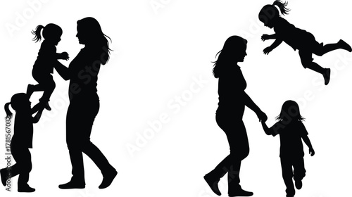 Parent child silhouette set, playful bonding moments, lifting, jumping, holding hands, black icons, family love, flat vector illustration