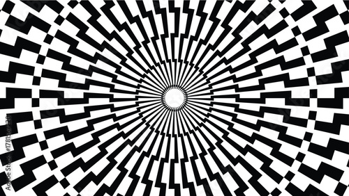 Black and white optical illusion background with radiating, jagged geometric zigzag lines forming a tunnel