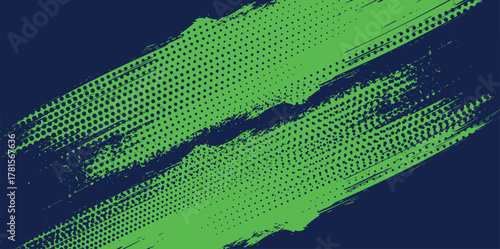 Abstract diagonal neon green grunge brush stroke with halftone dots on dark blue background