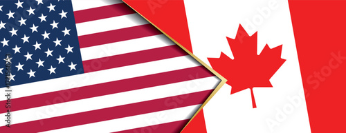USA and Canada flags overlapping, symbolizing strong alliance, partnership, and neighborly diplomatic relations