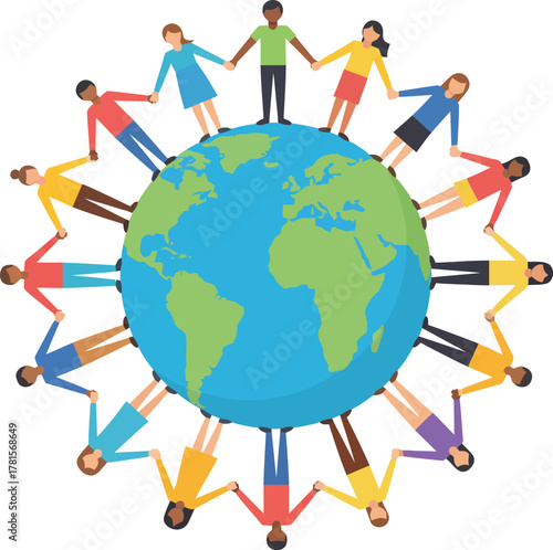 People of different races holding hands around the world.