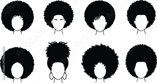 Afro hairstyles, black silhouettes, diverse hair textures, natural curls, fashion icons, cultural style, vector heads, beauty, identity, elegance