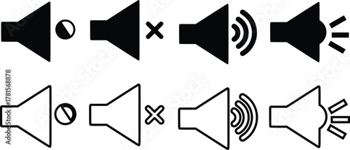Sound icons set. Vector isolated sound volume up, down or mute control collection. Sound volume control symbol. Audio voices sound icon