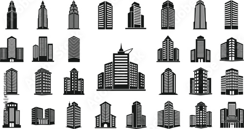 Urban building silhouette set, modern skyscrapers, traditional architecture, city skyline icons, black shapes, flat vector illustration, design asset