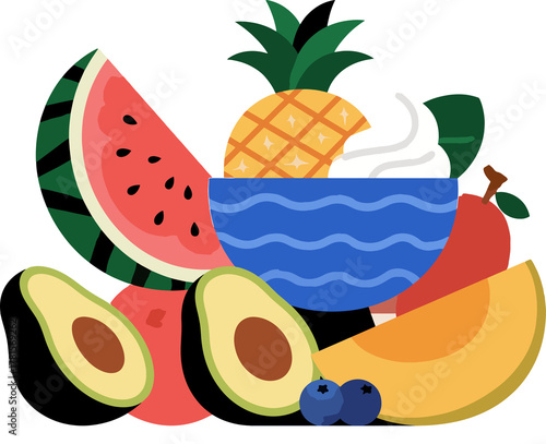 Tropical Fruits PNG Set — Watermelon, Pineapple, Avocado, Blueberry, and Mango Isolated on Transparent Background