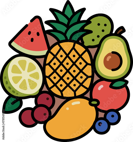 Tropical Fruits PNG Set — Watermelon, Pineapple, Avocado, Blueberry, and Mango Isolated on Transparent Background