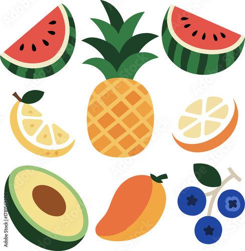 Tropical Fruits PNG Set — Watermelon, Pineapple, Avocado, Blueberry, and Mango Isolated on Transparent Background