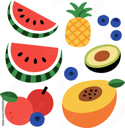 Tropical Fruits PNG Set — Watermelon, Pineapple, Avocado, Blueberry, and Mango Isolated on Transparent Background