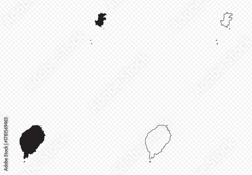 São Tomé and Príncipe islands vector maps: solid black silhouette and simple thin line outline set