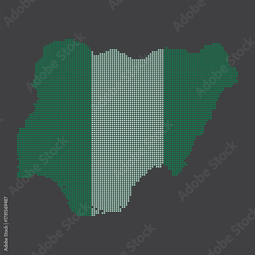 Nigeria map silhouette filled with a striking pixelated national flag design on a dark gray background