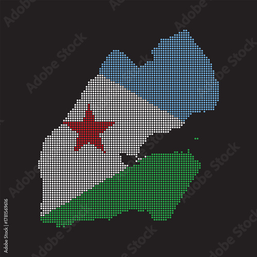 Djibouti map silhouette filled with a striking pixelated national flag design on a dark background