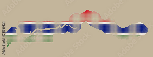 Dotted pixel map of The Gambia with national flag colors, representing modern digital design