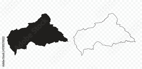 Detailed Central African Republic map set: solid black silhouette and outline contour vector