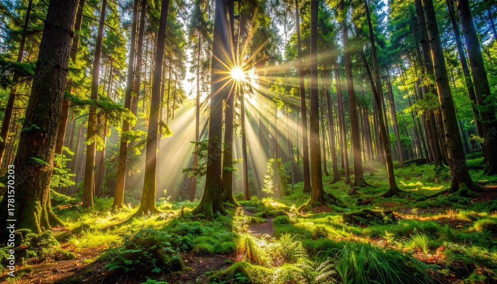 Obraz premium Sunbeams Streaming Through Forest Trees Illuminating Lush Green Undergrowth in Morning Light