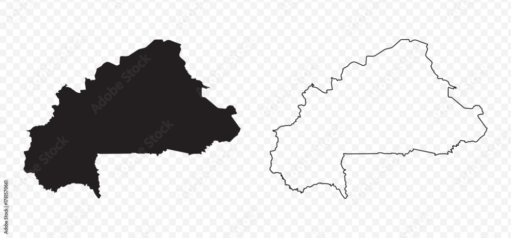 Fototapeta premium Detailed vector map set of Burkina Faso, black silhouette and editable outline on transparent background