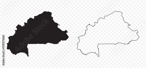 Detailed vector map set of Burkina Faso, black silhouette and editable outline on transparent background