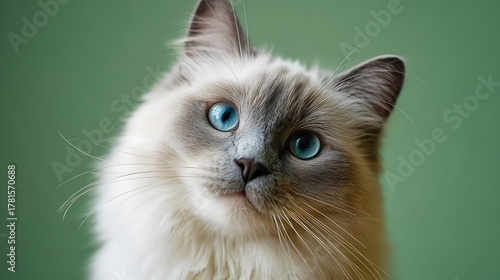 Close up portrait of a ragdoll cat with piercing blue eyes against a green background looking at the viewer