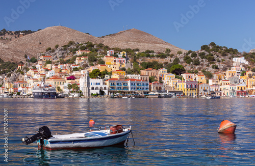 Colorful houses in Symi island harbor, Symi, Greece