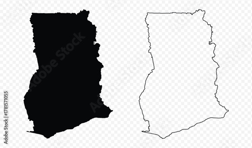 Detailed vector map set of Ghana, black silhouette and editable outline on transparent background
