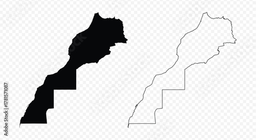 Morocco map set, detailed vector silhouette and outline border on transparent background