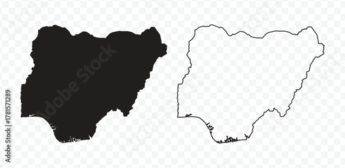Nigeria map set, detailed vector silhouette and outline border on transparent background