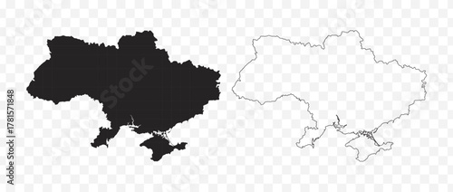 Detailed vector map of the Republic of Ukraine in solid black fill and outline versions