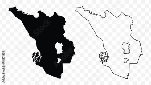 Detailed vector map of Selangor State Malaysia in solid black fill and outline versions