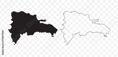 Detailed vector map of the Dominican Republic in solid black fill and outline versions