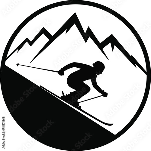 Dynamic alpine skier ascending mountain peak in circular emblem silhouette
