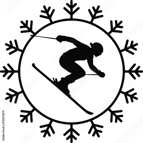 Alpine skier performing a jump with a snowflake circle logo silhouette