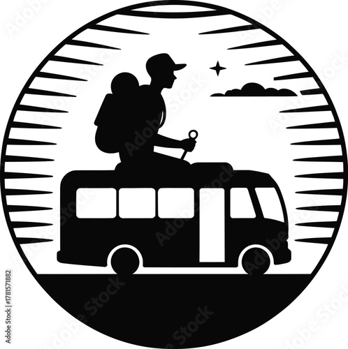 Backpacker enjoying a bus adventure in a circular travel graphic silhouette