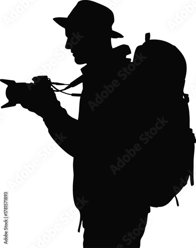 Backpacker photographer capturing scenic views with camera silhouette