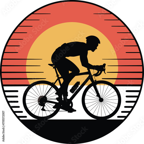 Vibrant sunset cycling silhouette within a striped circle graphic