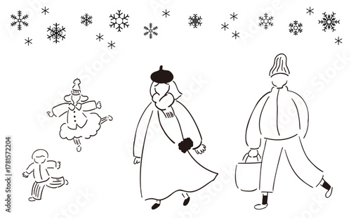 冬におでかけ4人家族_冬の装い,雪,手描きイラスト_線画｜ Family of Four Going Out in Winter_Winter Outfit, Snow, Hand-drawn Illustration_Line Art
